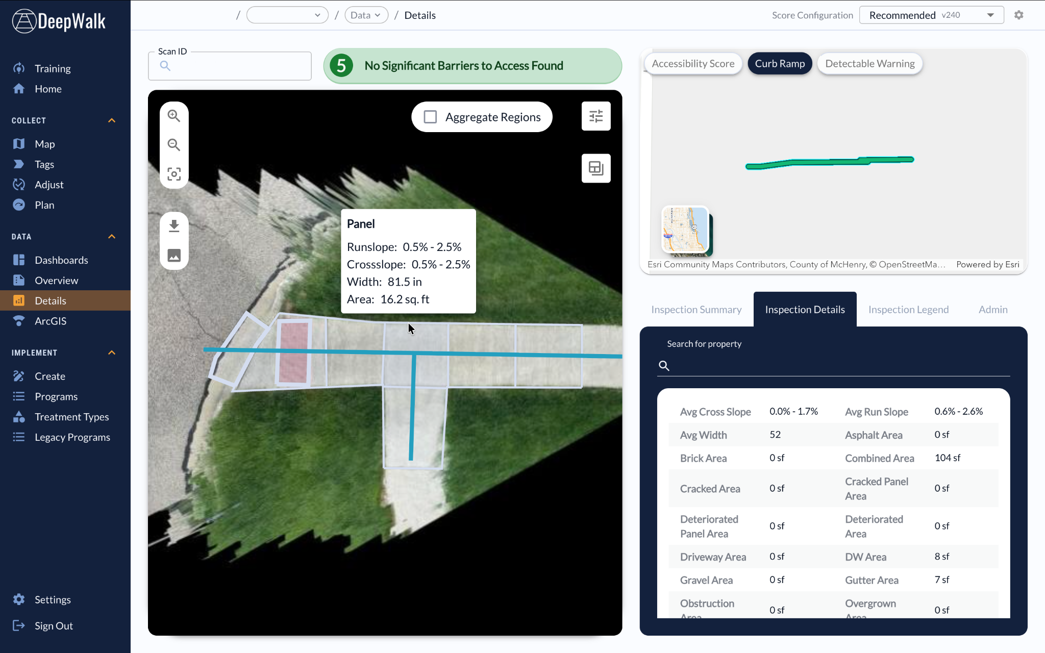 A single sidewalk panel scan in DeepWalk showing runslope, crossslope, width and area measurements