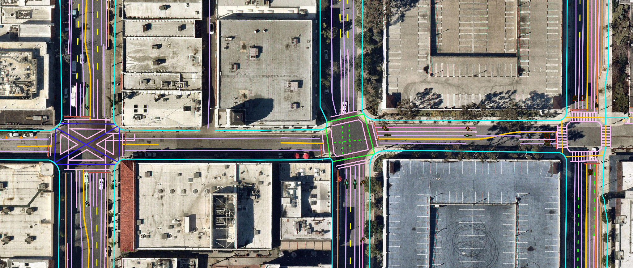 Advanced Transportation Features including sidewalks, turn lanes and crosswalks mapped in Pasadena, California