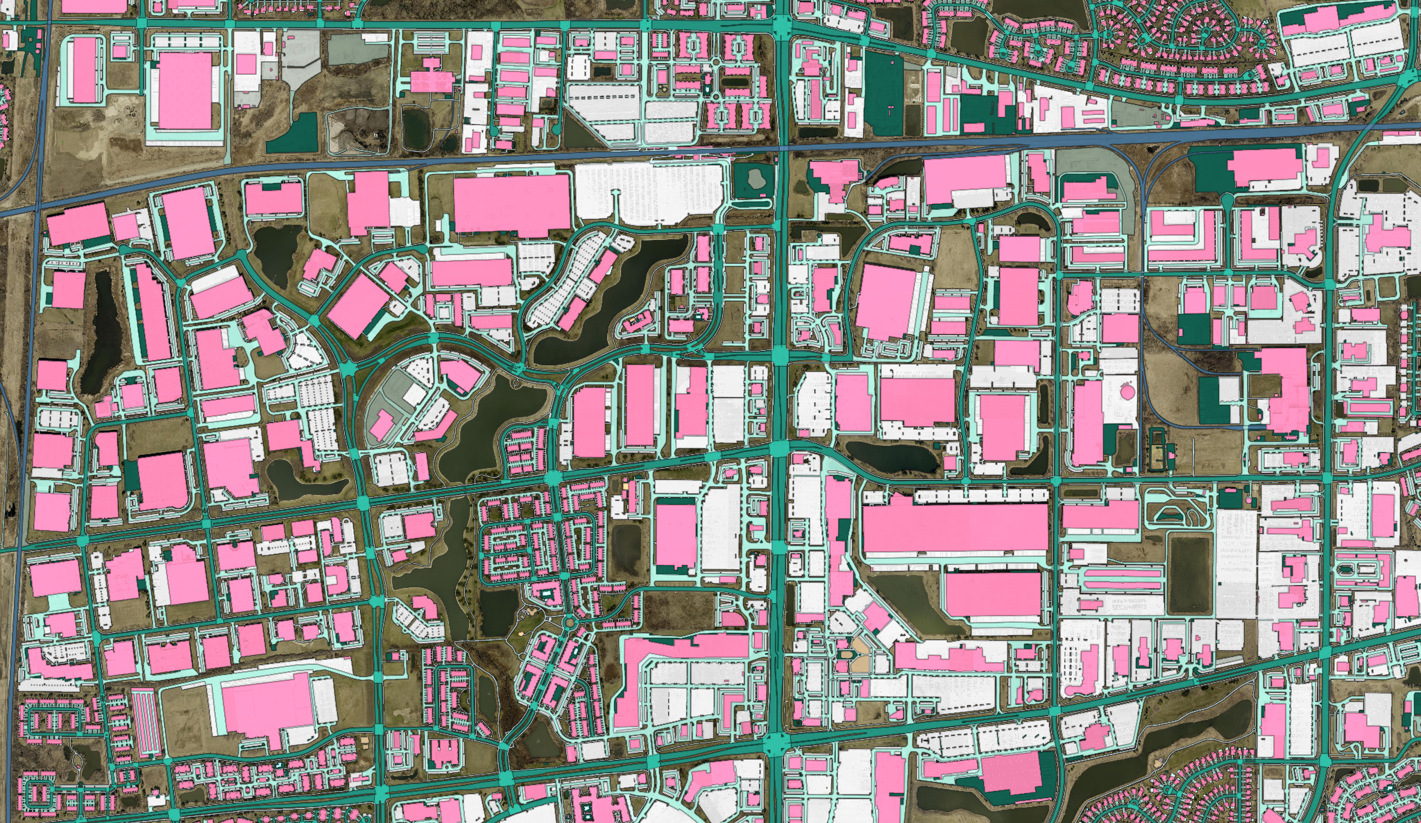 Ecopia impervious surface data with 20 feature classes layered over Eagleview imagery in Naperville, Illinois