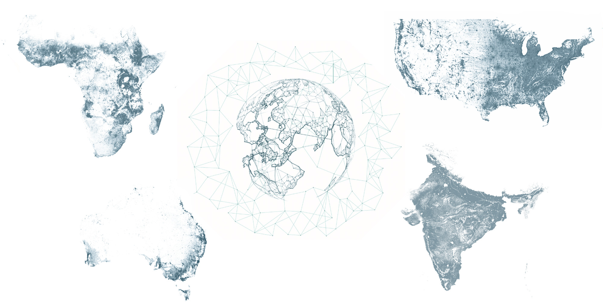 Ecopia building and land cover extractions shown across Africa, the United States, Australia, and India around a global map.