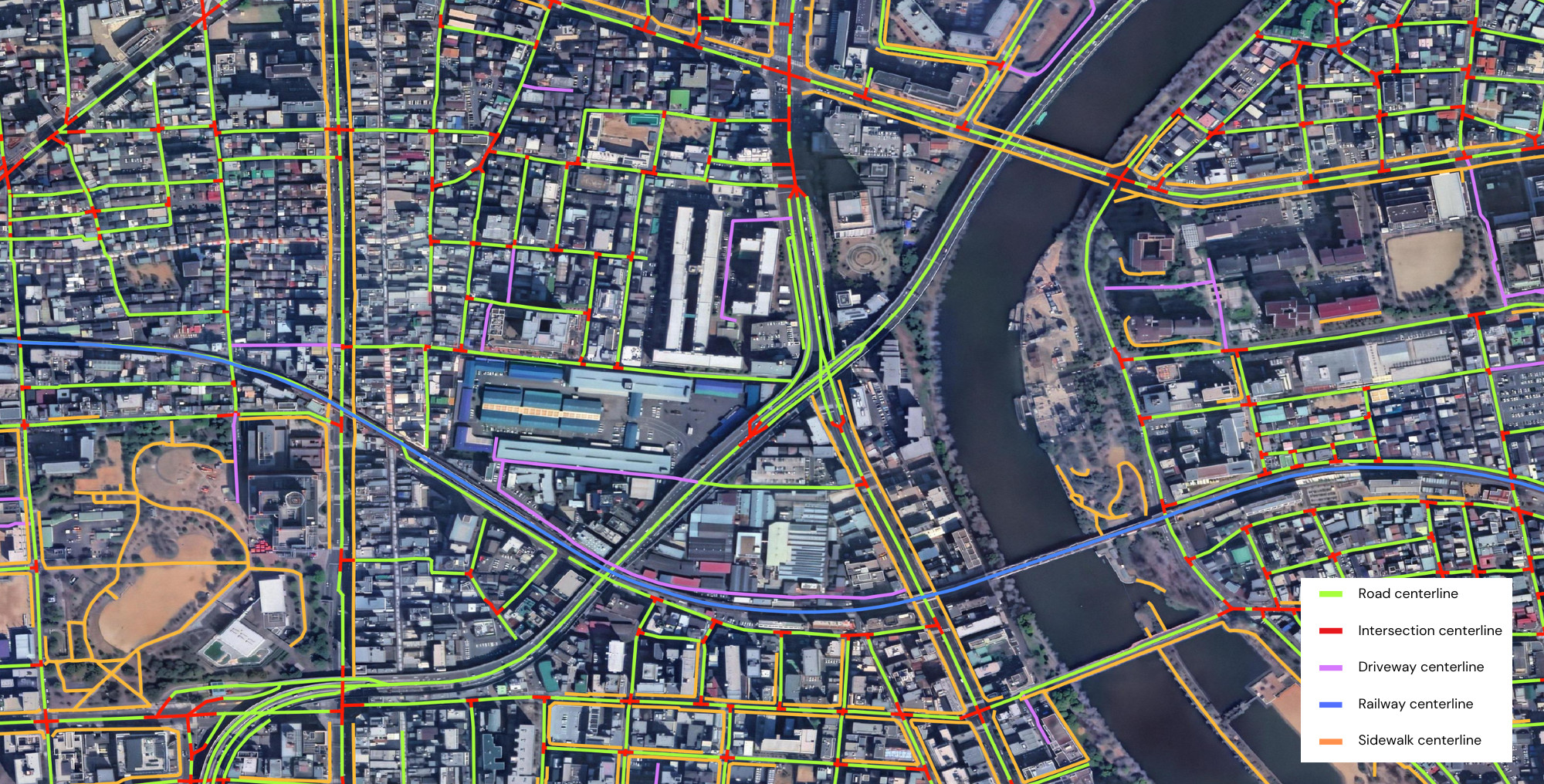 A sample of road network centerline data extracted by Ecopia from Vantor imagery in Osaka, Japan.