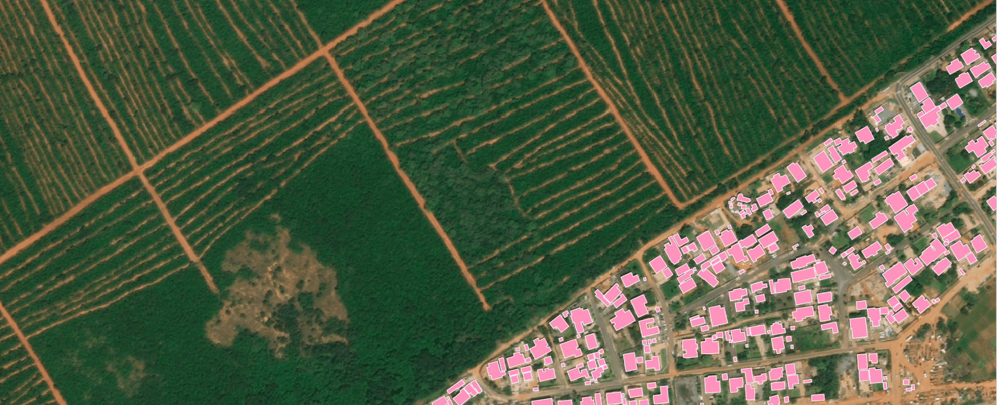 Accra, Ghana: Ecopia building footprints and land cover over aerial imagery