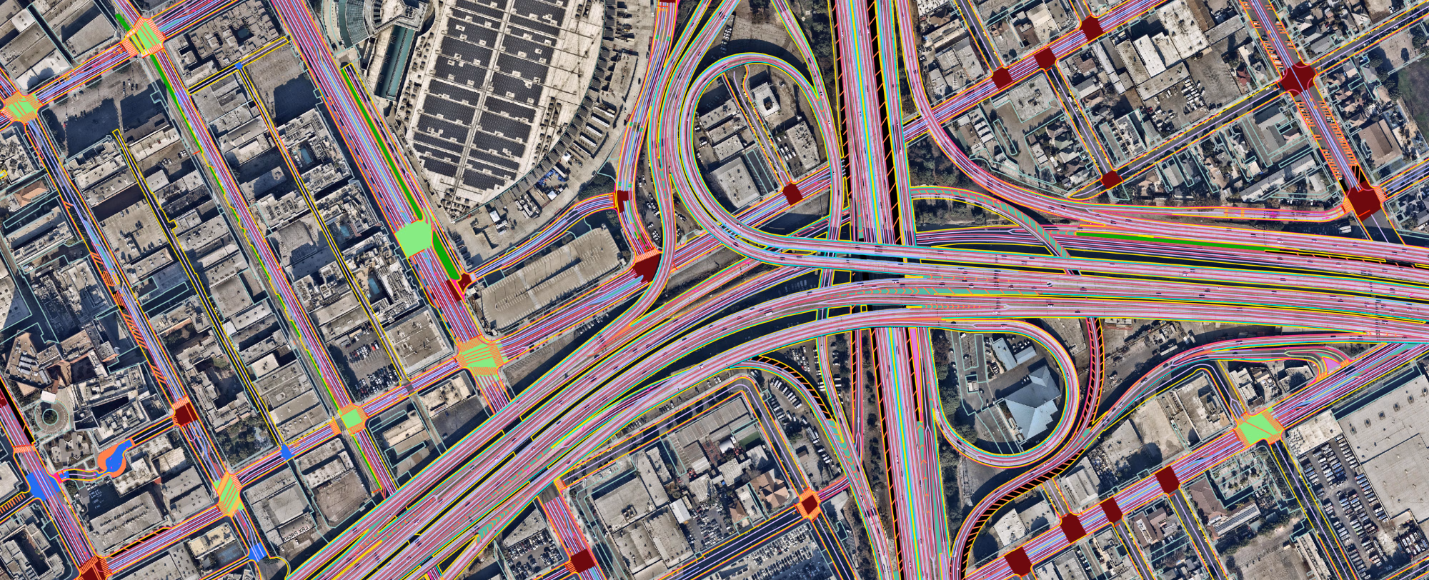 Los Angeles, California: Ecopia transportation and land cover features over aerial imagery