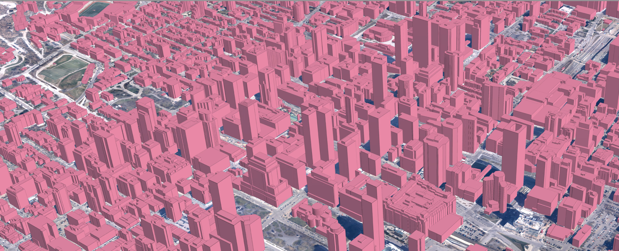 Montreal, Quebec: Ecopia building and infrastructure features over aerial imagery