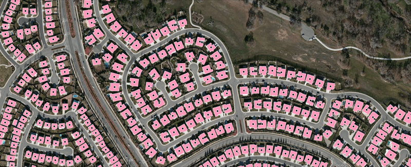 Sacramento, California: Ecopia building footprints and property features over aerial imagery