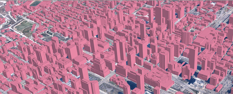 Montreal, Quebec: Ecopia building and infrastructure features over aerial imagery