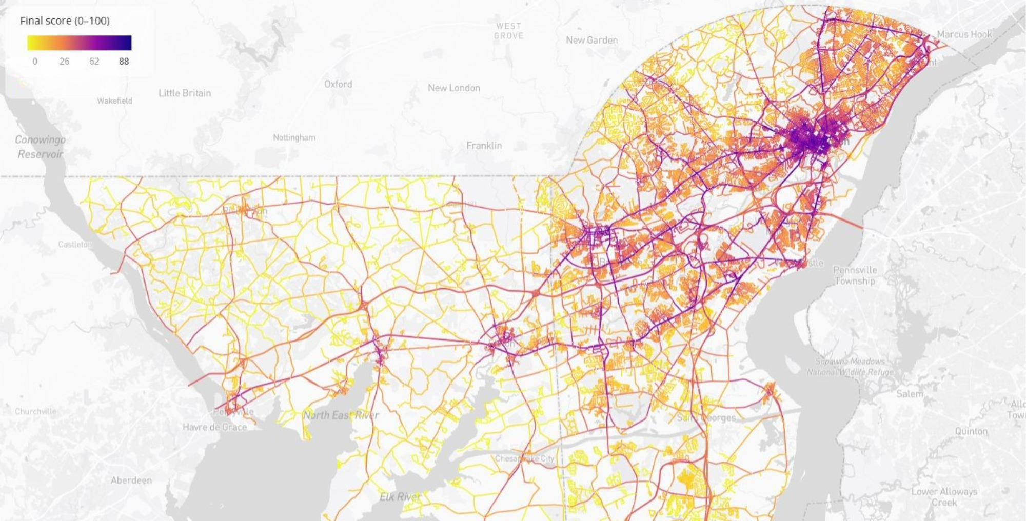 A large-scale sample of the finalized weighted prioritization of WILMAPCO sidewalks
