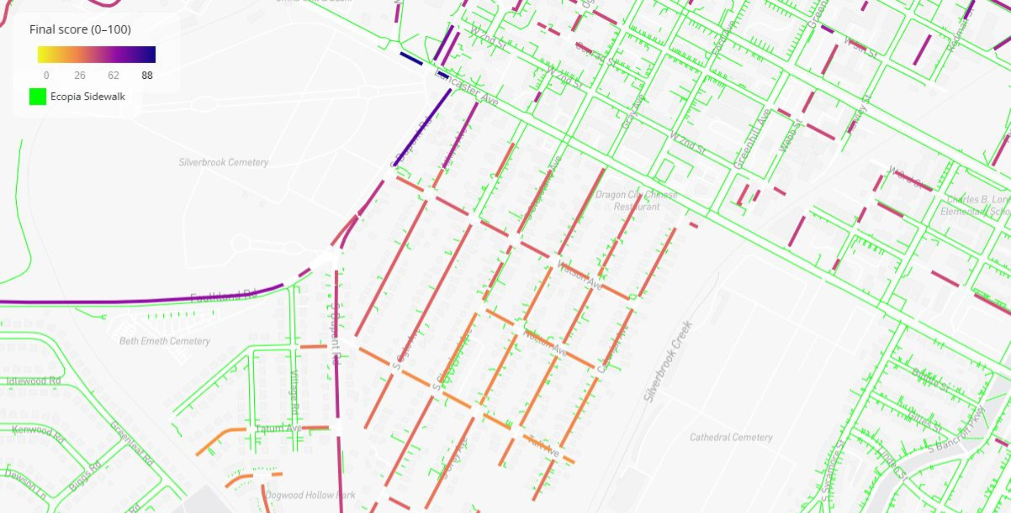 A sample of Ecopia sidewalk data weighted for prioritization based on four planning themes