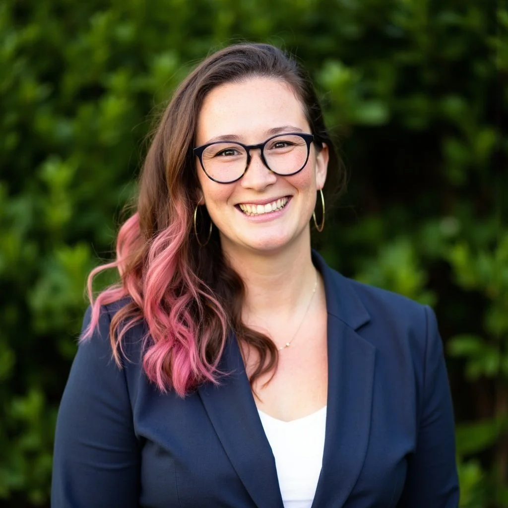 Smiling woman with glasses, pink-tipped hair, hoop earrings, and navy blazer in front of green foliage.