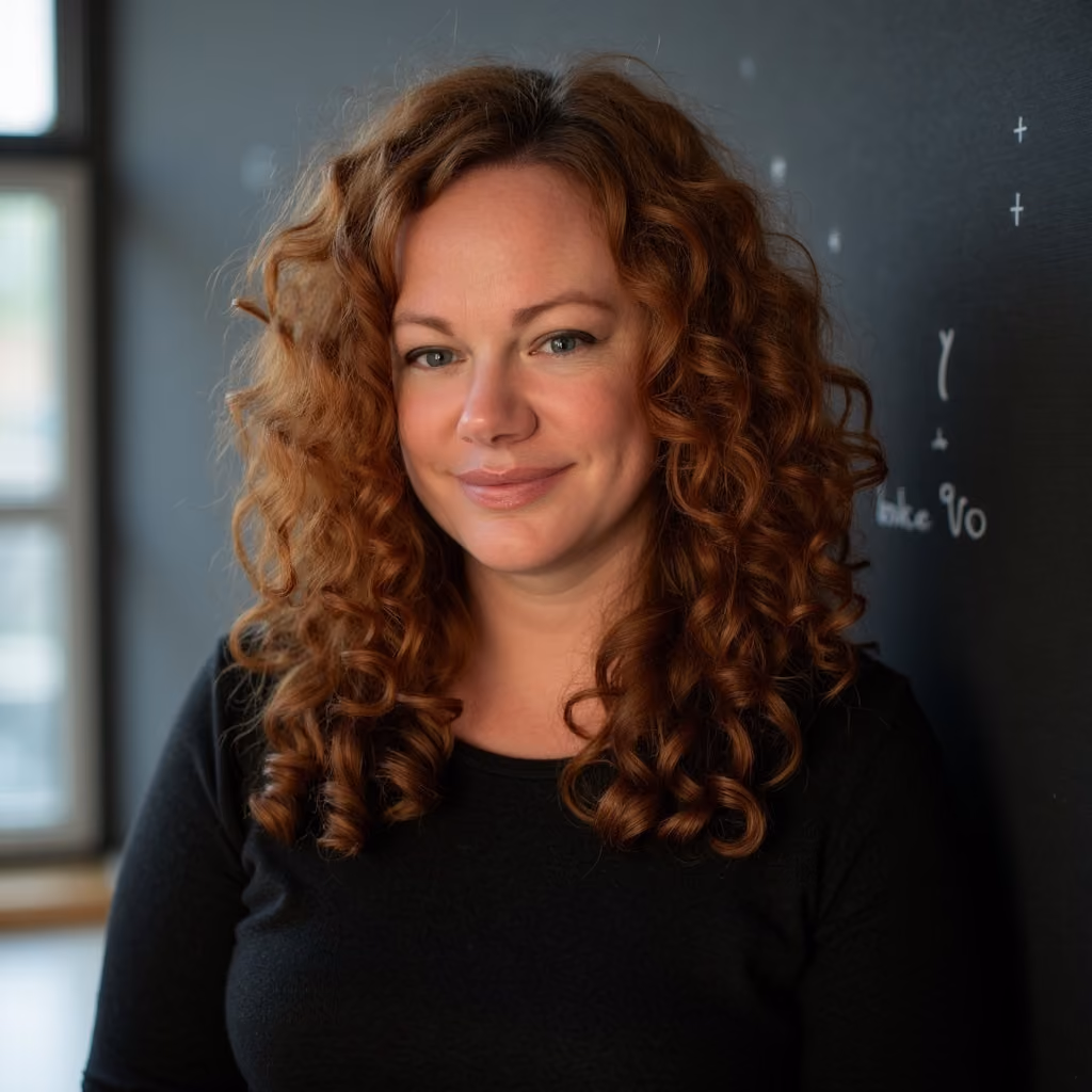 Smiling woman with curly red hair wearing a black top, standing by a chalkboard with writing.