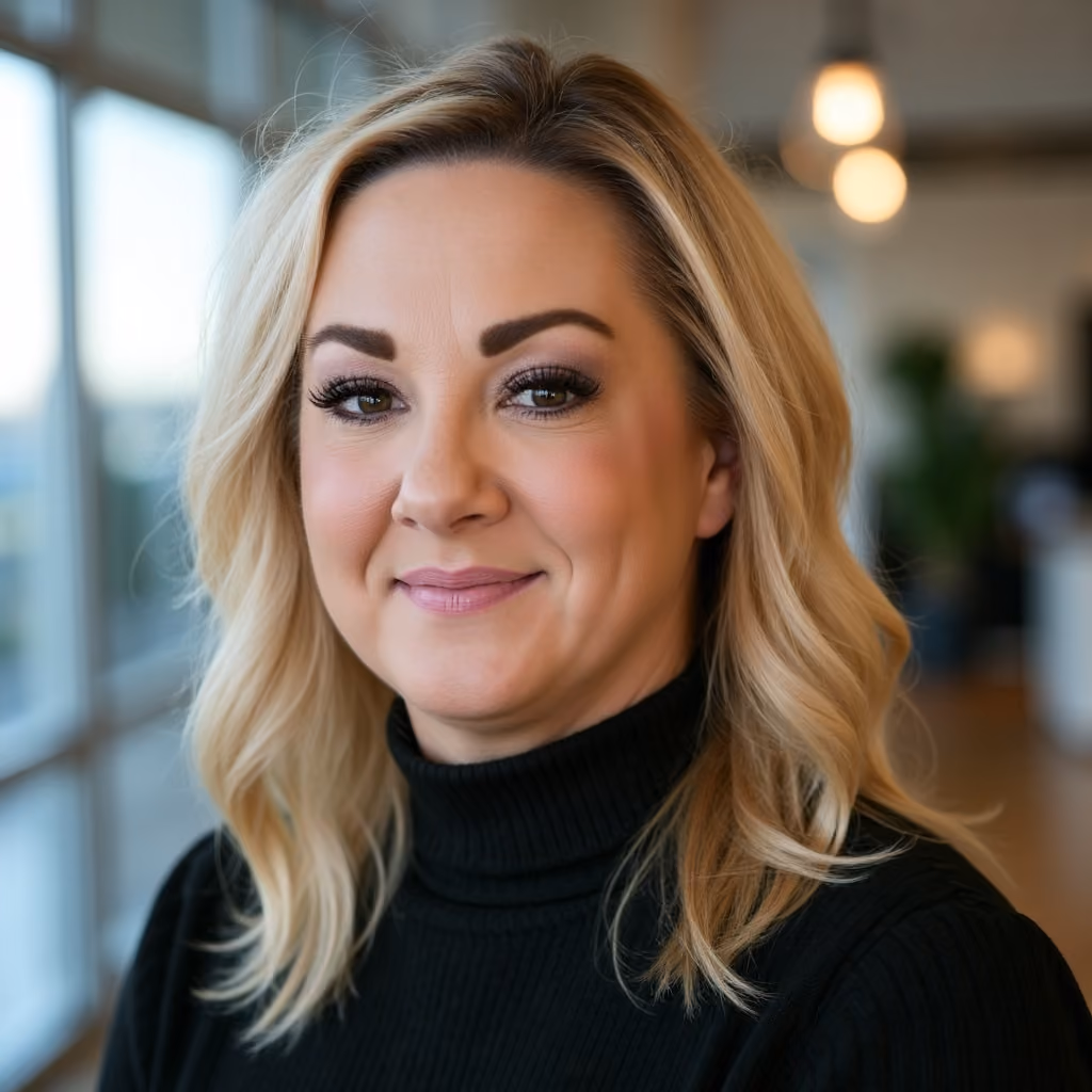 Blonde woman with curled hair wearing a black turtleneck sweater, smiling softly indoors.
