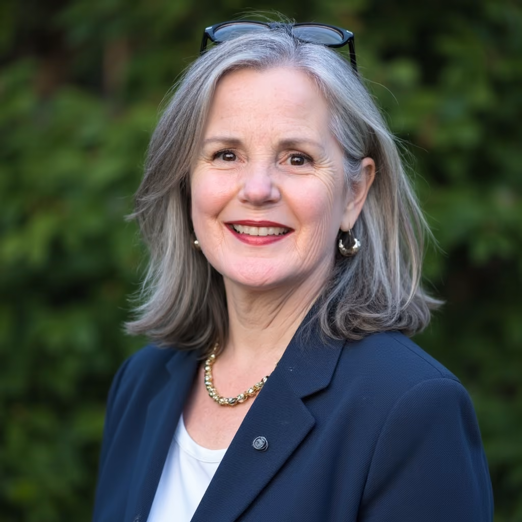 Smiling older woman with gray hair wearing a navy blazer, white shirt, gold necklace, and earrings.
