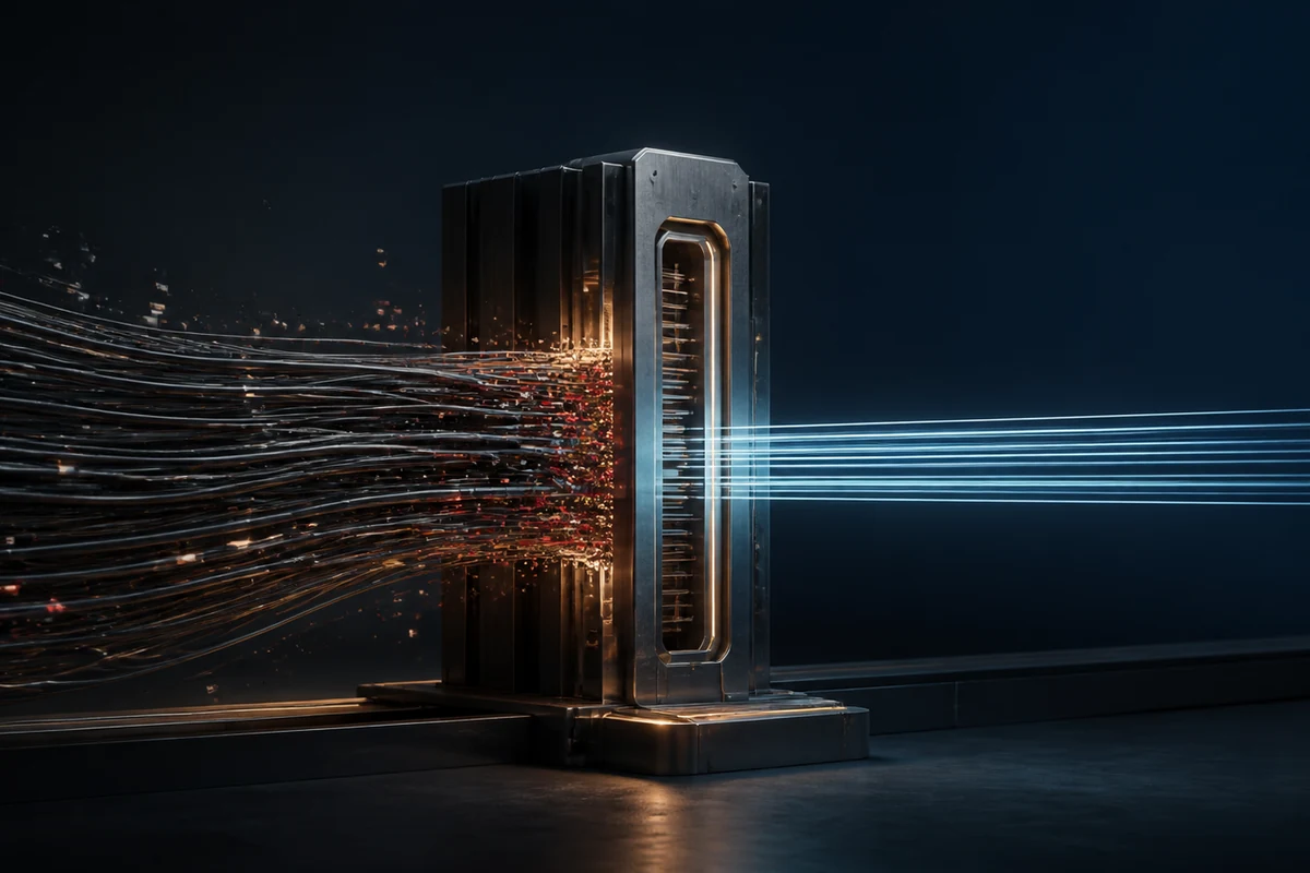Abstract streams of capital converging on a precise blue signal path in a dark editorial system.