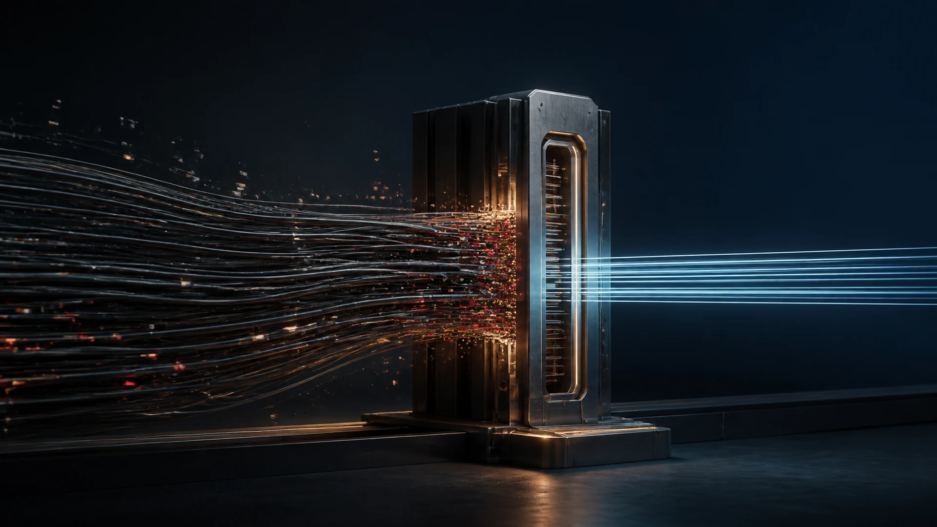 Abstract product signals moving through controlled gates towards a restrained upward trajectory.