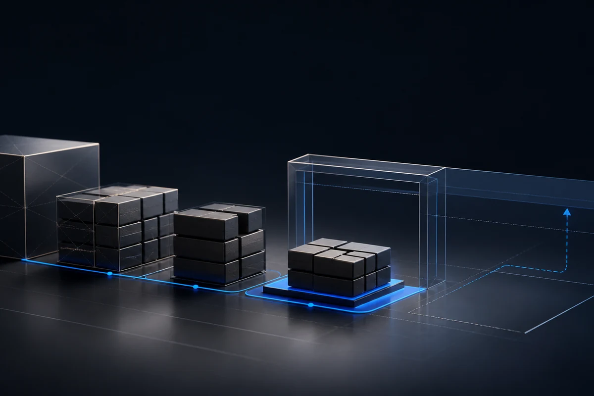 Abstract package geometry being compressed into a more efficient fulfilment pathway on a dark editorial background.