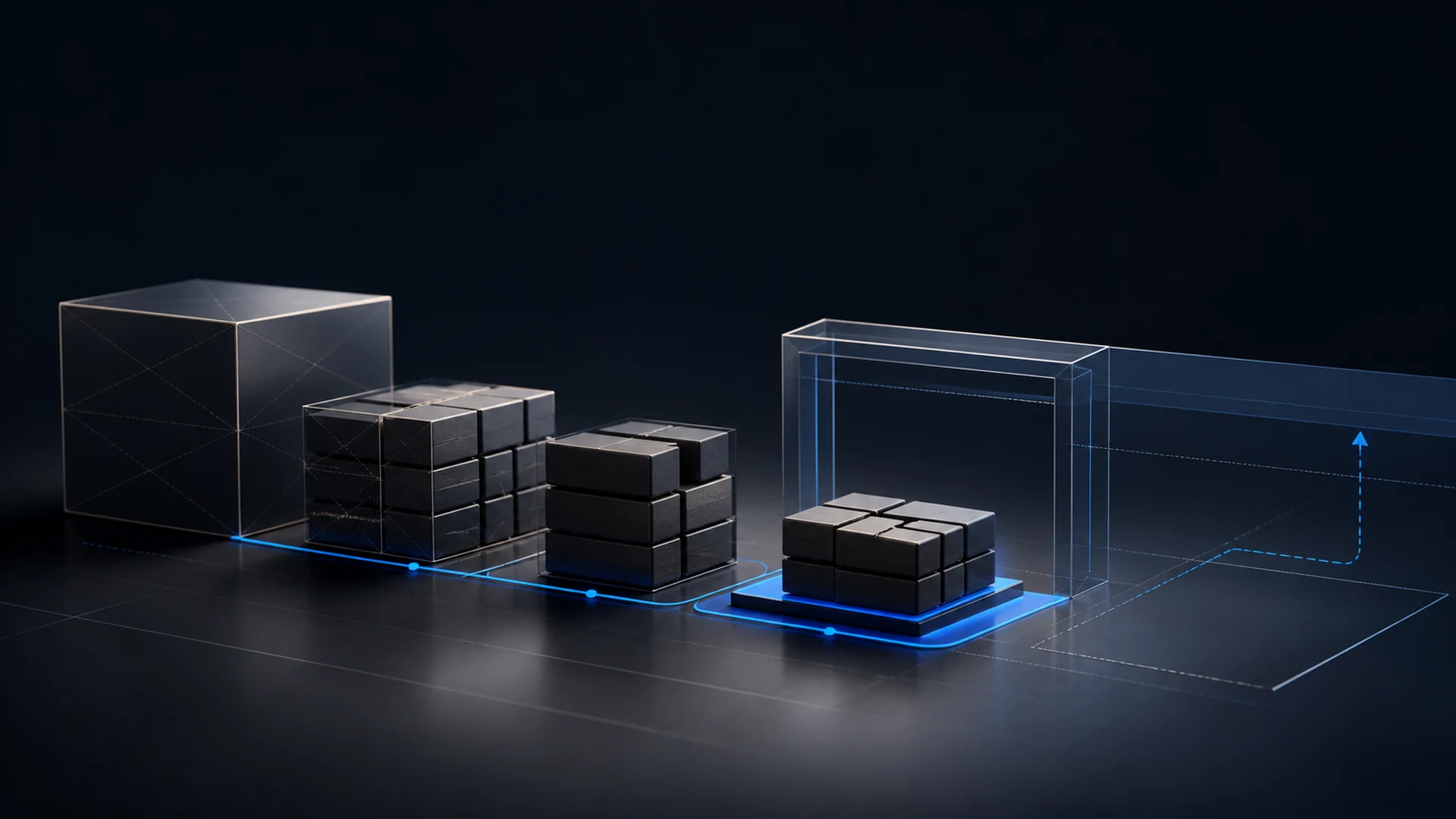 Abstract modular package moving through fulfilment gates into a stable inventory and demand system.