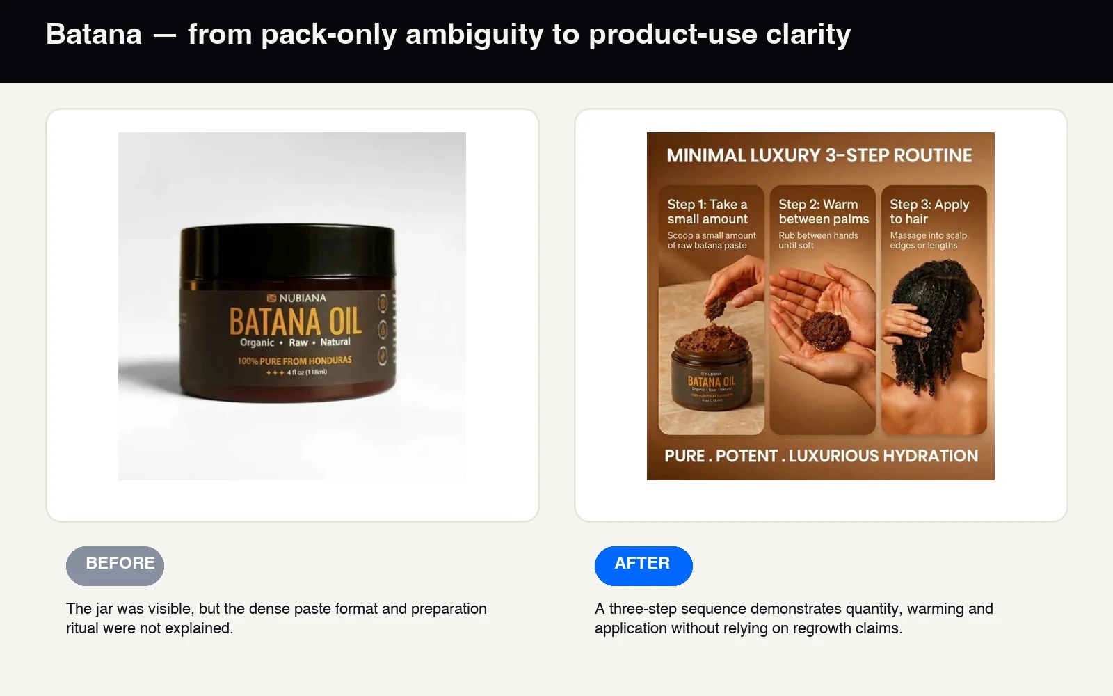 Nubiana Batana pack image beside a three-step warming and application routine.