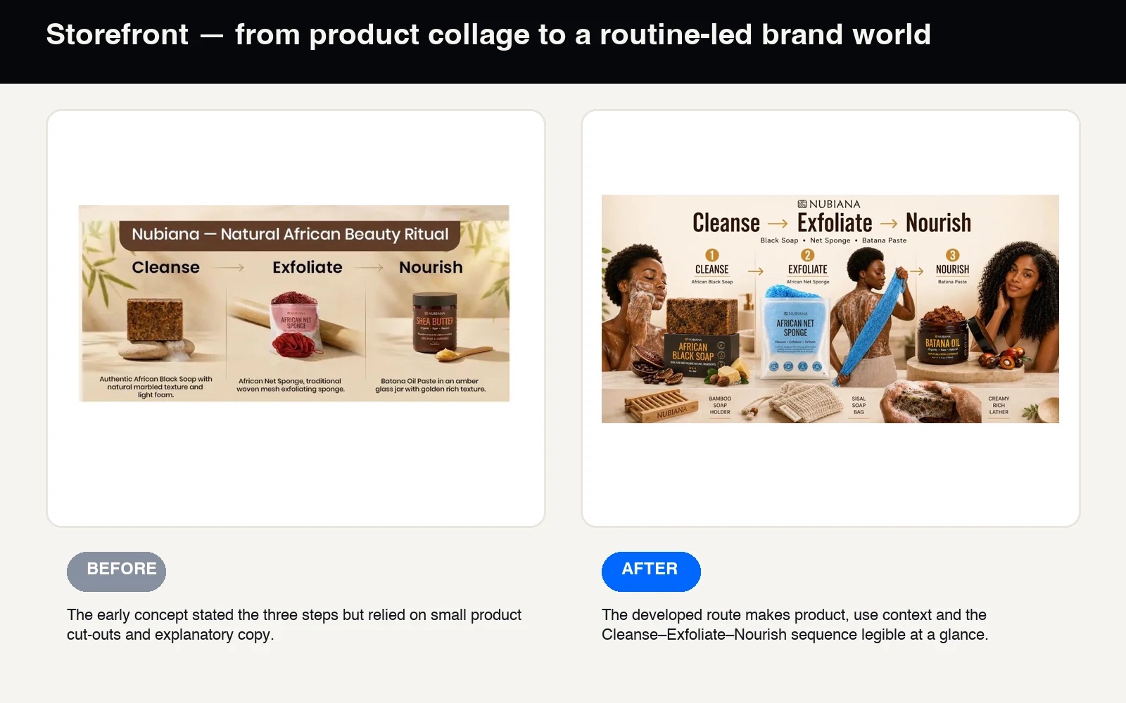 Earlier Nubiana routine concept beside the developed Amazon Storefront family and routine visual.