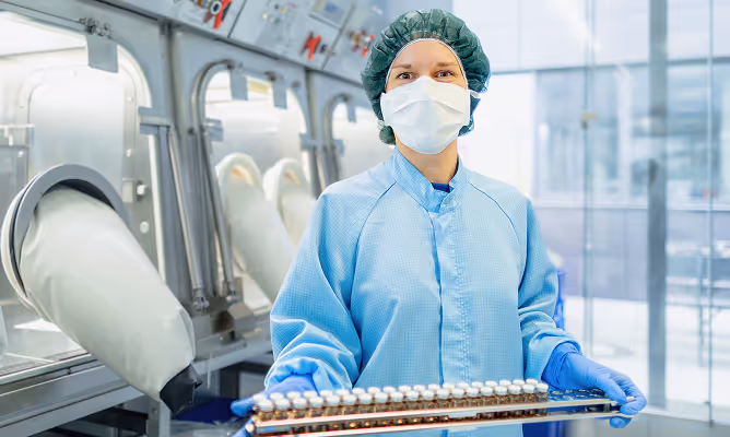 Medizinische Fachkraft in Schutzkleidung hält Tabletten auf Tablett in steriler Laborumgebung.