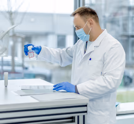 Laborant in weißem Kittel und Maske hält eine Urinprobe in einem modernen Labor.