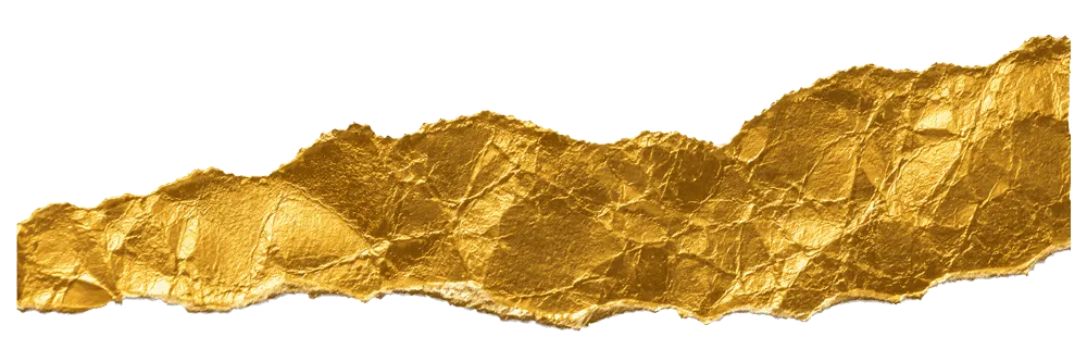 Torn piece of crumpled gold foil with an irregular jagged top edge on a white background.