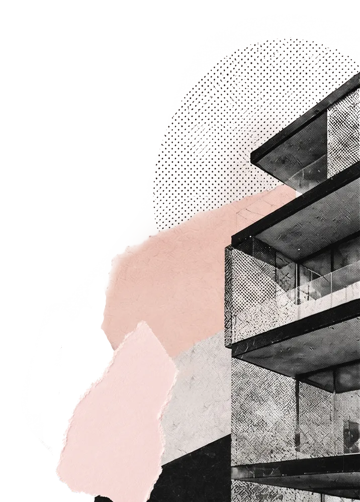 Abstract collage featuring the right side of a modern multi-story building with balconies, a black and white palm tree, and torn paper textures in pink, blue, and light beige, set against a light background with a dotted circular pattern.