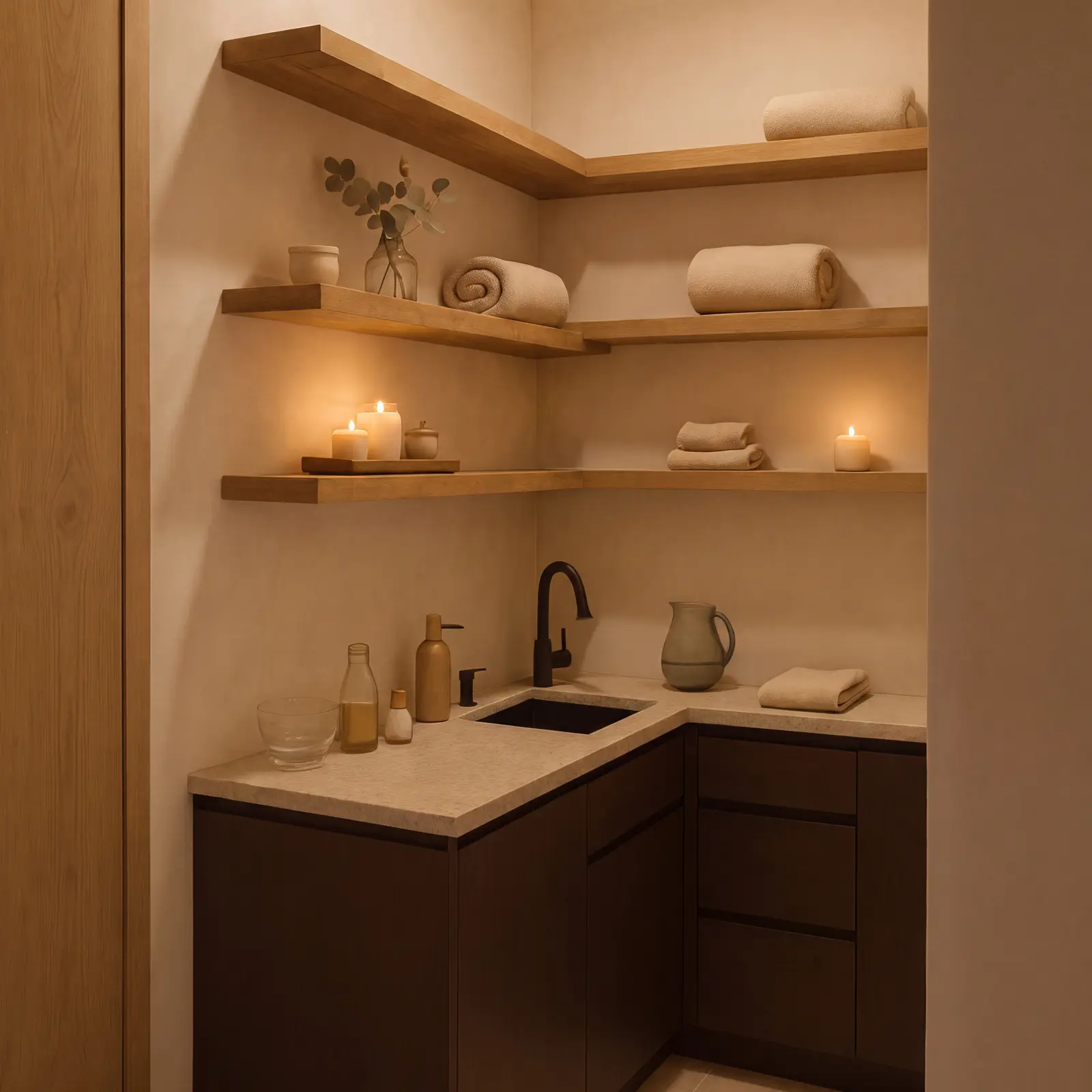 Kerzenbeleuchtete Regale mit Tüchern und Ölen im Franklin Massage Studio
