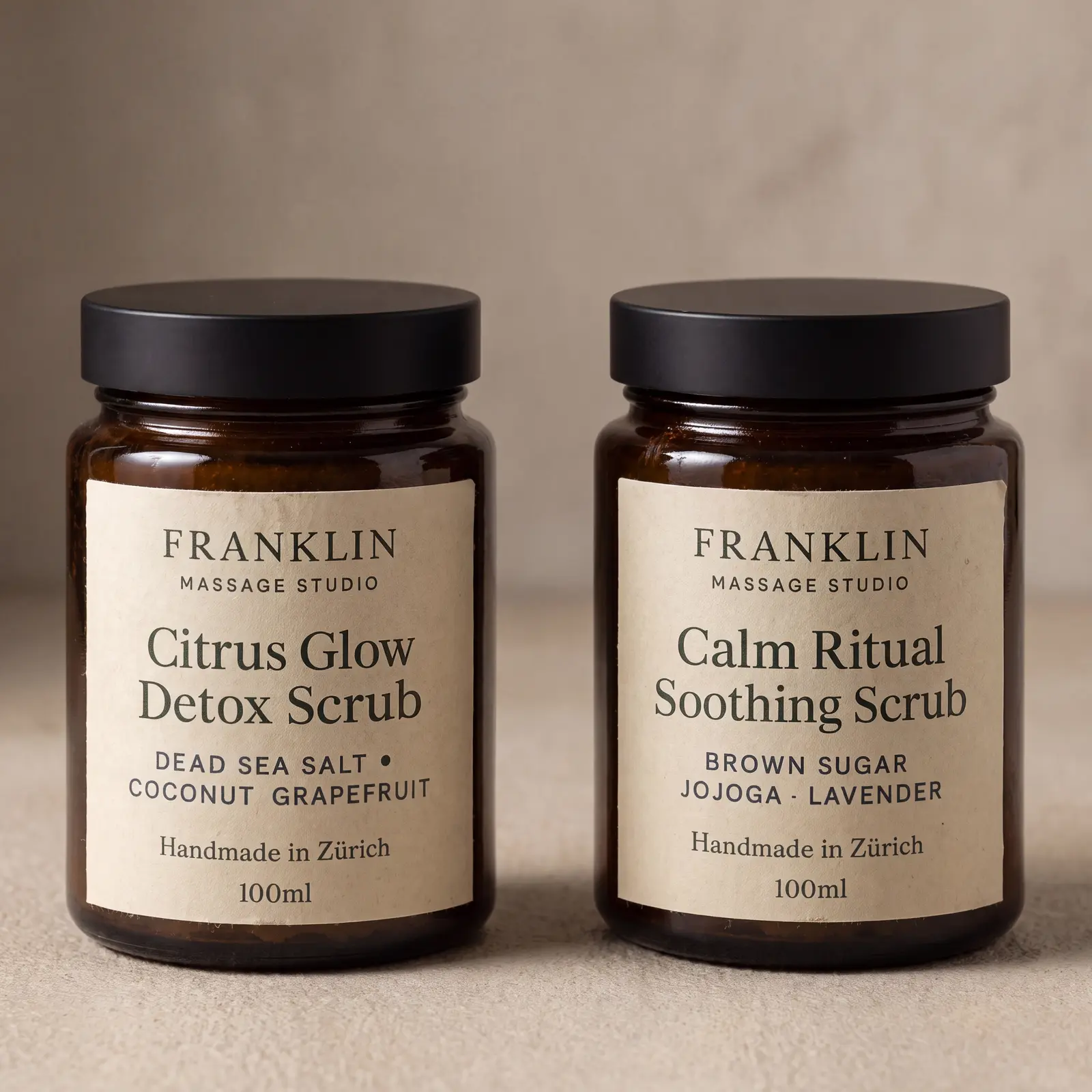 Hand-prepared botanical scrubs in amber jars