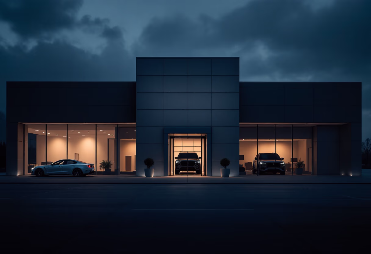 Illustration : façade d'un centre automobile de nuit