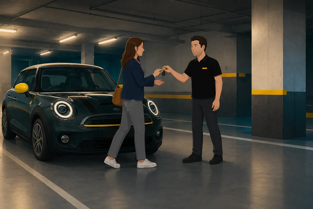 Illustration d'une cliente confiant ses clés à un technicien Bingo'z dans le parking Magnetic, à côté de sa voiture