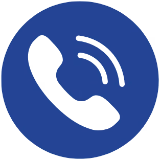 White telephone handset inside a solid blue circle, representing a phone call or contact icon.