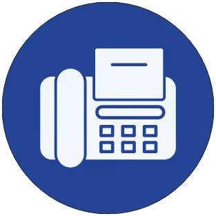Icon of a white fax machine with a handset on a blue circular background.