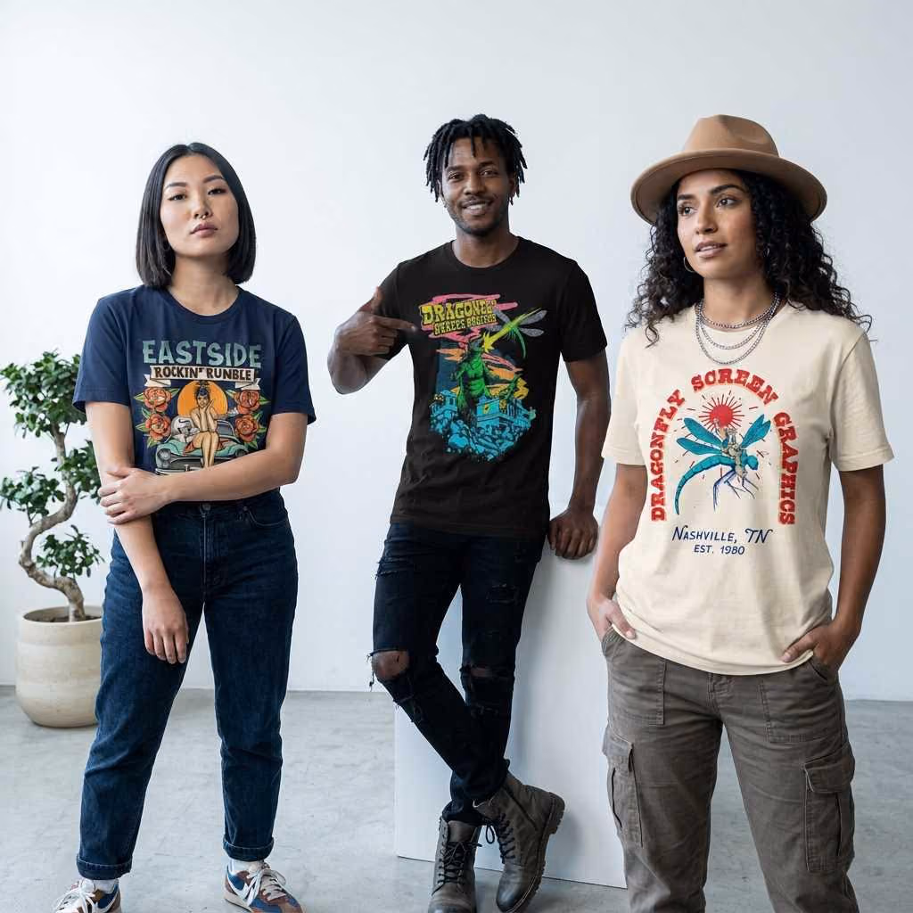 three-models-wearing-wearing-custom-screen-prints-dragonfly-screen-graphics