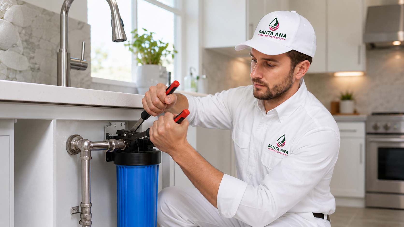 Technician servicing a water filtration system in Santa Ana