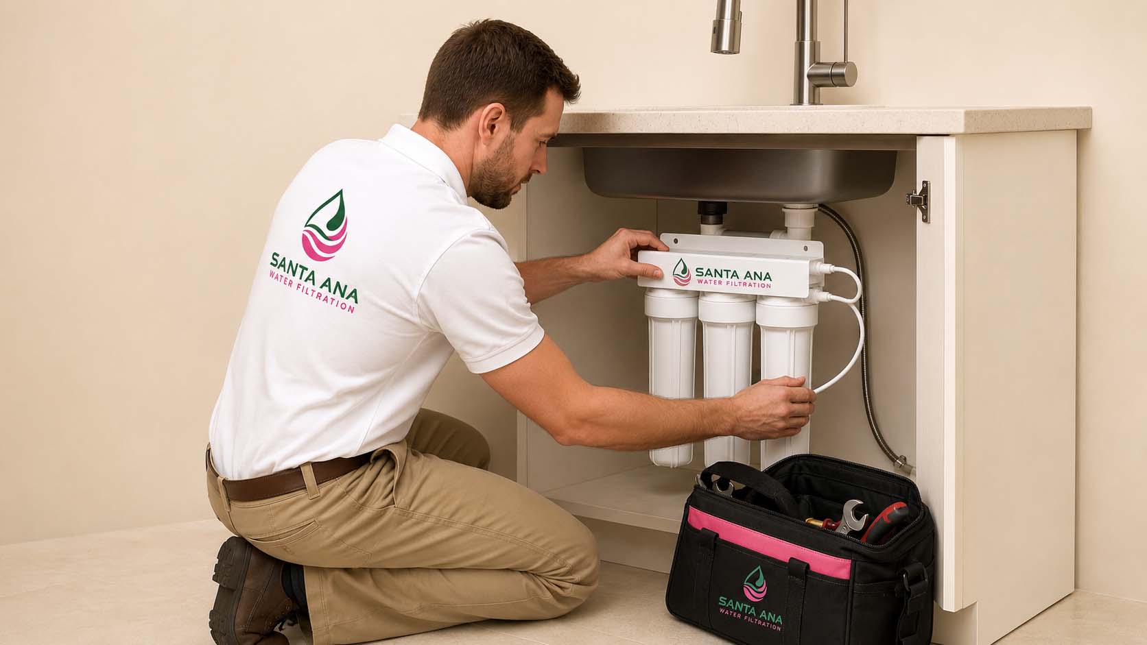 Under-sink drinking water filter in a Santa Ana kitchen