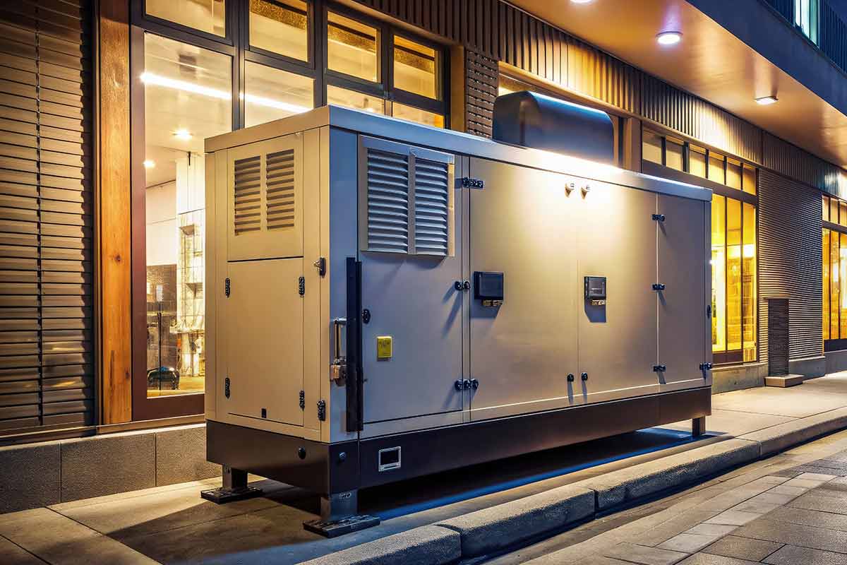 Commercial standby backup generator installed outside a building at dusk