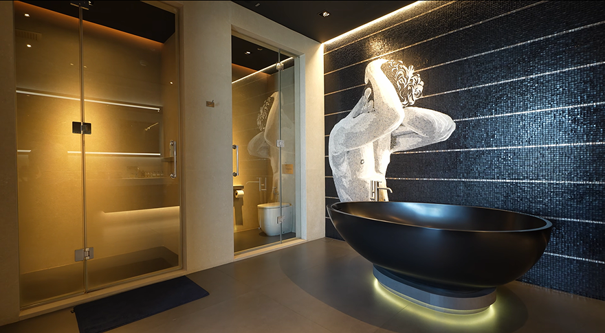 Master bathroom with custom black mosaic tile bathtub at Ritz-Carlton Residences Mahanakhon