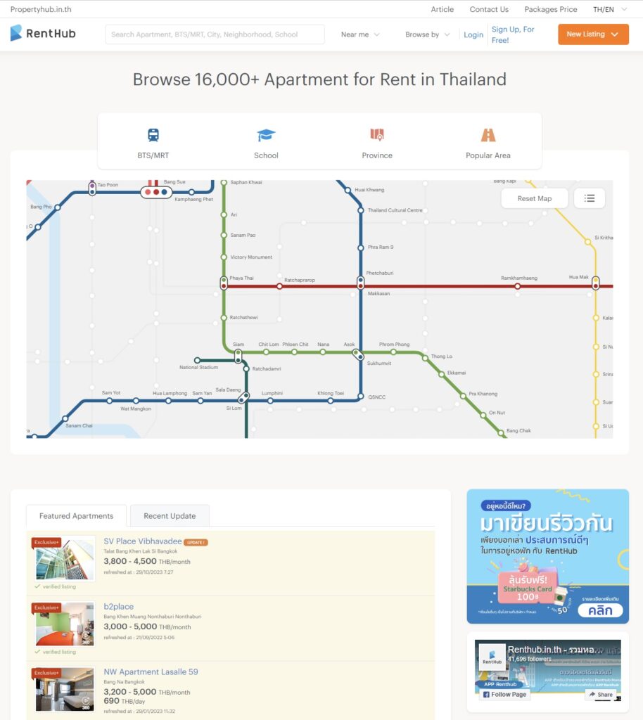 The RentHub Thailand homepage, showing a Bangkok transit map used to search rentals by station