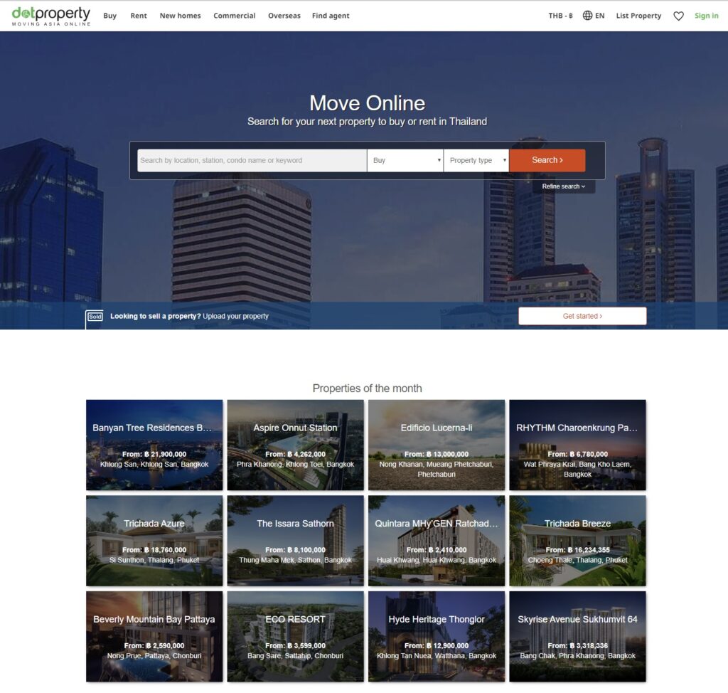 The Dot Property Thailand homepage, showing its search panel and featured listings