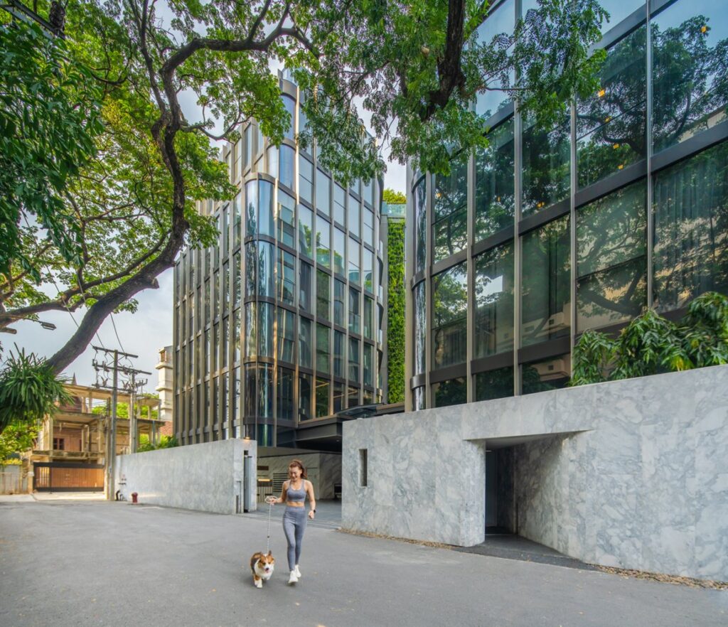 A resident walking a dog past the glass frontage of Ashton Residence 41
