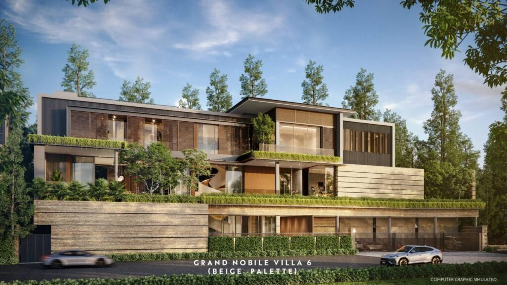 A render of the Aaliyah Reserve house, a multi-level home with planted terraces and a car in the driveway