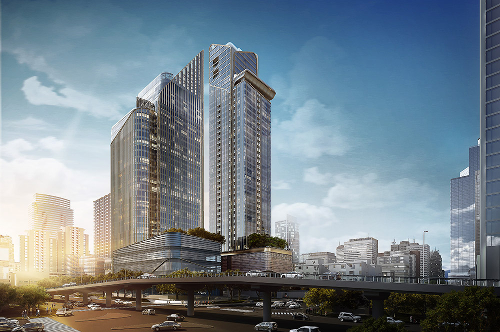 A render of The Esse at Singha Complex in Asoke, its tower rising above a retail podium and elevated road