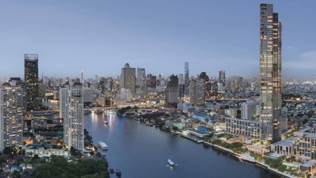 A render of the Four Seasons Private Residences tower on a bend of the Chao Phraya