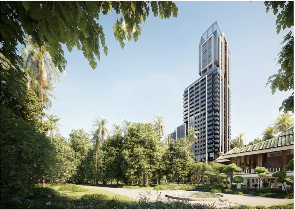 The Aman Nai Lert Residences tower seen through mature trees, with its garden below