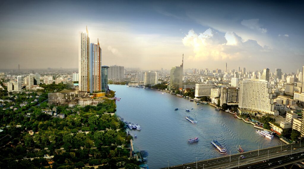 A render of The Residences at Mandarin Oriental beside the Chao Phraya river