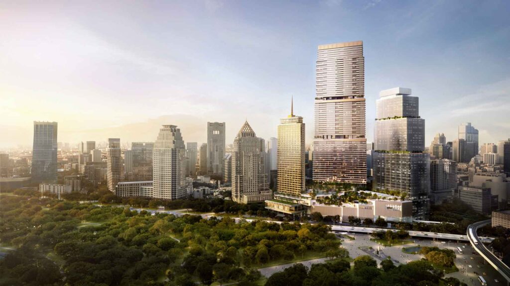 A render of the Dusit Central Park complex, its towers rising beside a large green park