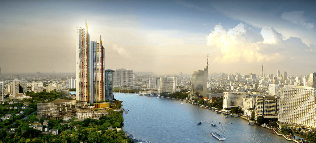 A render of Magnolias Waterfront Residences beside IconSiam on the Chao Phraya