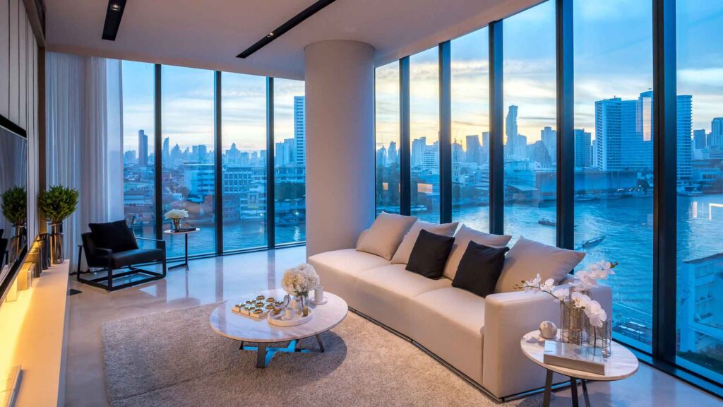 A show unit living room at Banyan Tree Residences Riverside, with the river through full-height glass