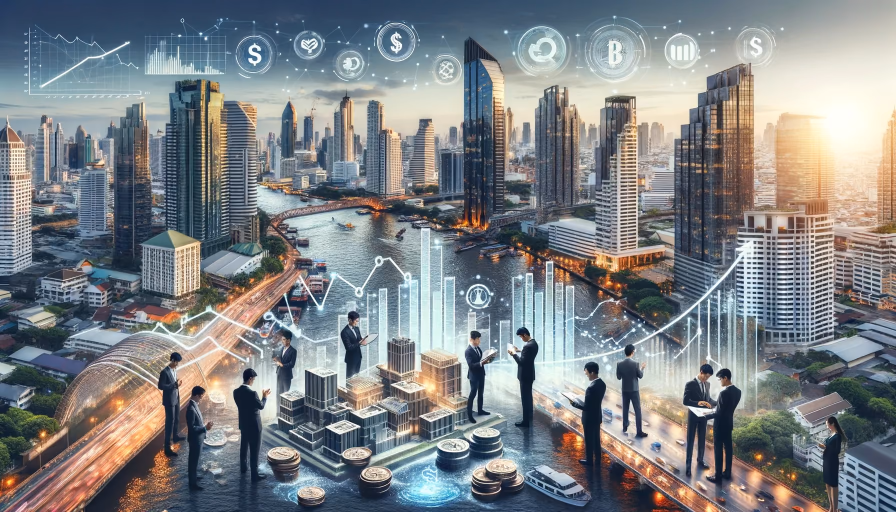 An illustration of the Bangkok skyline overlaid with financial charts and business figures, representing rental yields