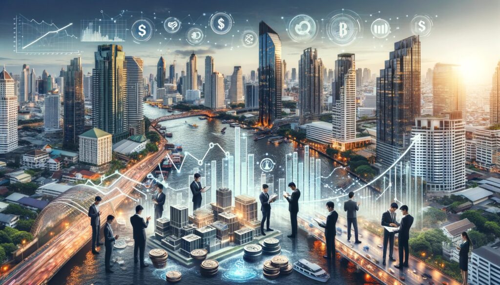 An illustration of the Bangkok skyline overlaid with financial charts and business figures, representing rental yields